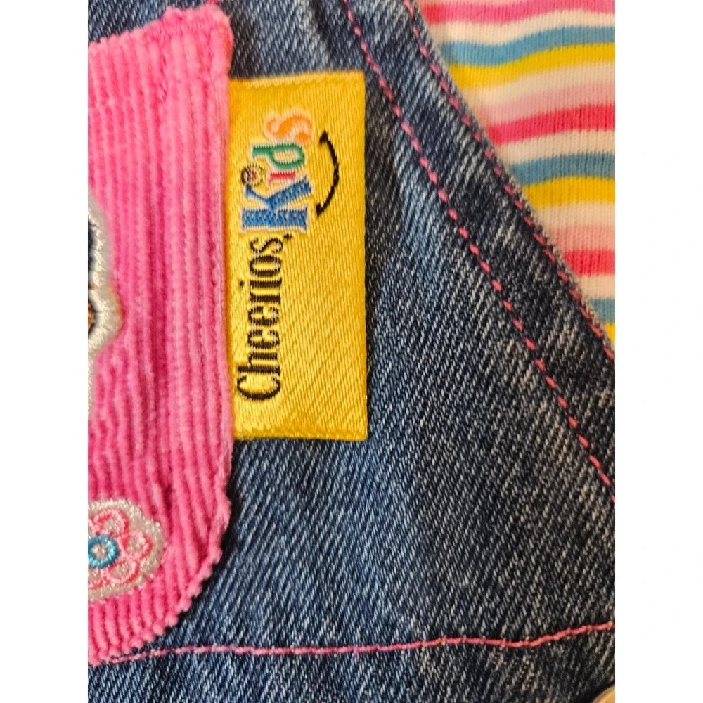 Vintage Cheerios Kids Denim Overalls Striped Turtleneck Set Pink Blue 90s Floral